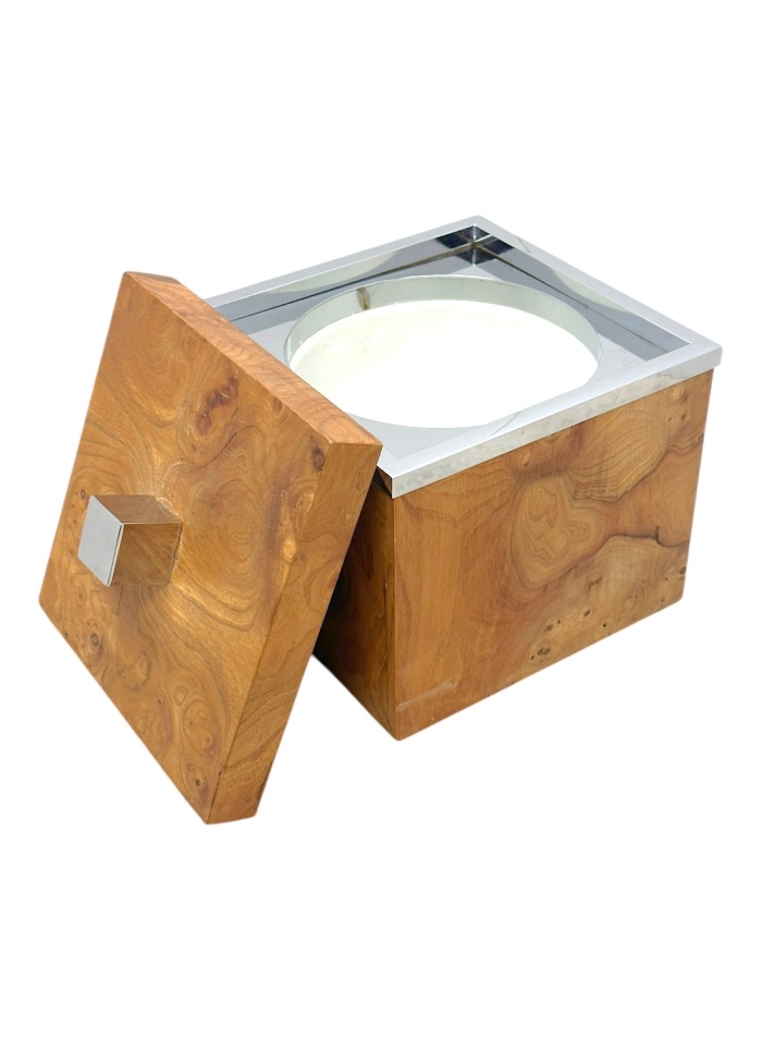 Chrome and burlwood ice bucket, circa 1970s, vintage elegance.