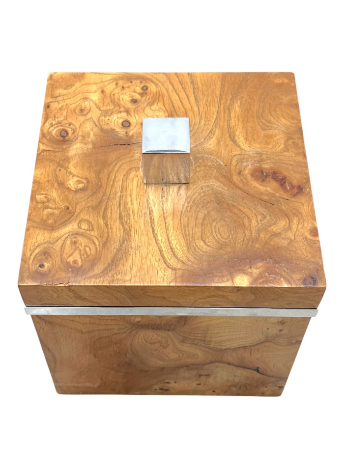 Top-down view of vintage burlwood ice bucket with chrome accents, showcasing its intricate wood grain pattern.