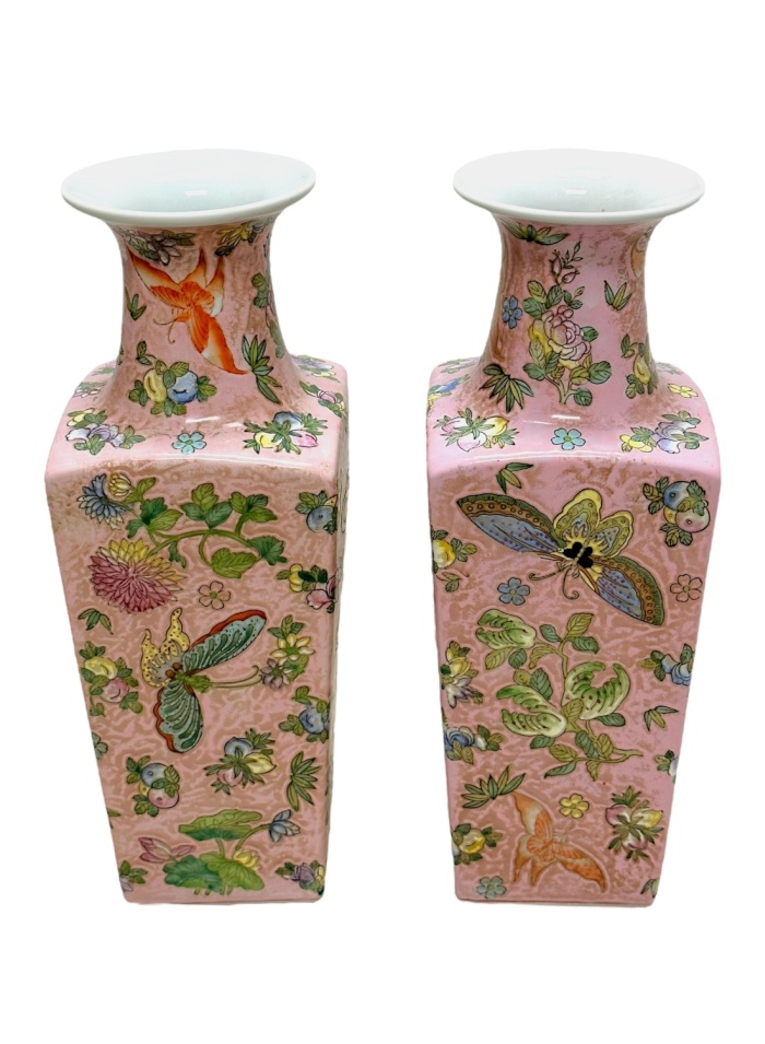 Pink chinoiserie vases with butterfly fruit and flower motif, handmade in Hong Kong circa 1980.