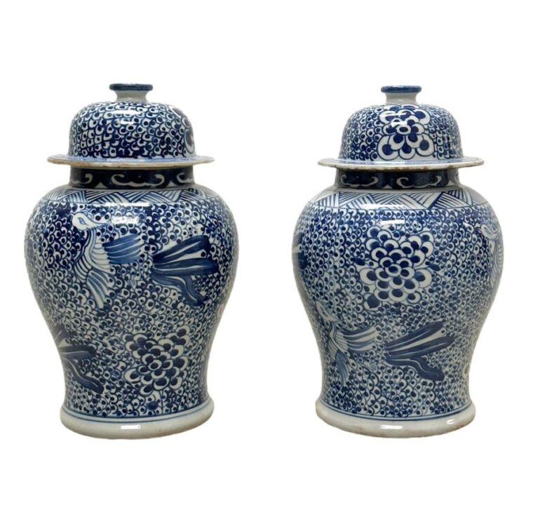 Pair of Blue and White Flower Ginger Jars