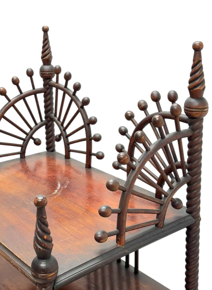 Antique Stick and Ball Etagere with turned wood frame, four shelves, and intricate design elements.