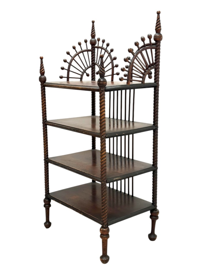 The image shows an antique stick and ball etagere with a turned wood frame and four shelves showcasing its intricate design and
