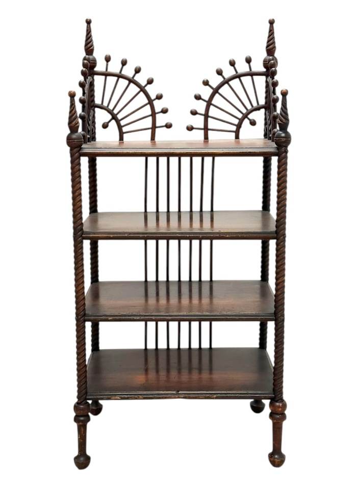 Antique early 20th century stick and ball etagere, featuring dark walnut wood with intricate turned frame and four shelves.