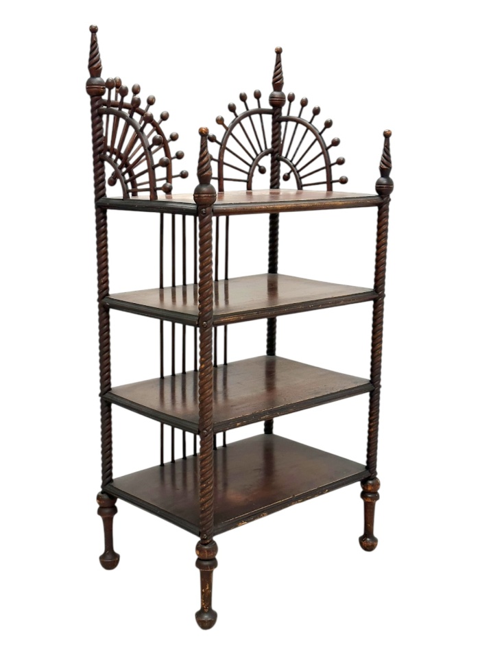 Antique etagere, front view; elegant turned wood frame, four shelves