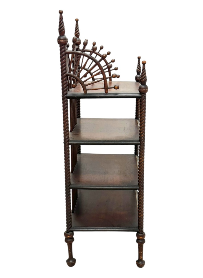 Antique Stick and Ball Etagere, Early 20th Century, Four Shelves, Turned Wood Frame, Close-up View.