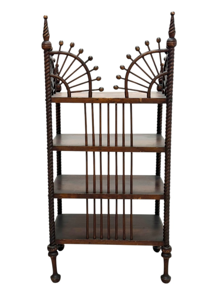 Close-up of Antique Early 20th Century Stick and Ball Etagere, featuring turned wood frame and four shelves.
